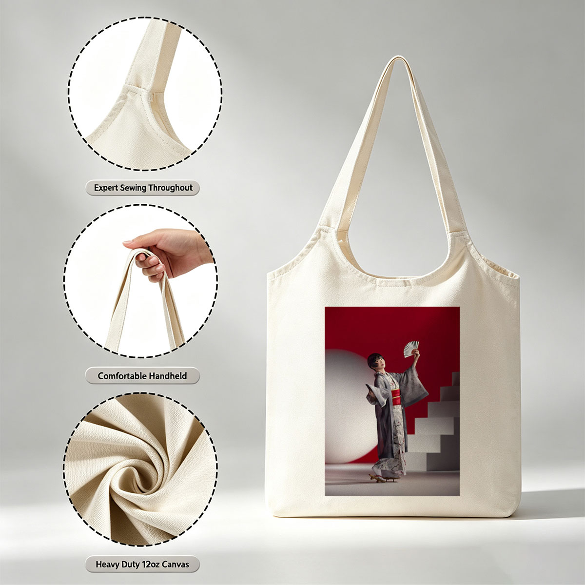 Maki Horikita in Traditional Kimono Holding Fan Against Red Background - Canvas shoulder bags/