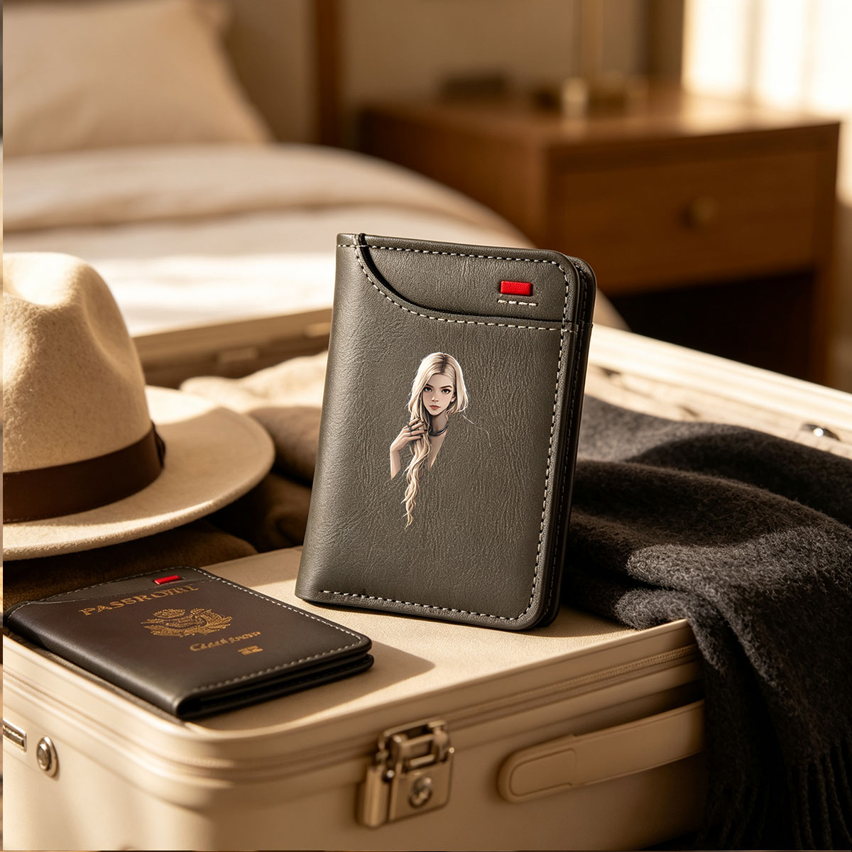 Blonde Woman in Black Coat with Elegant Pose - Vertical Style Wallet