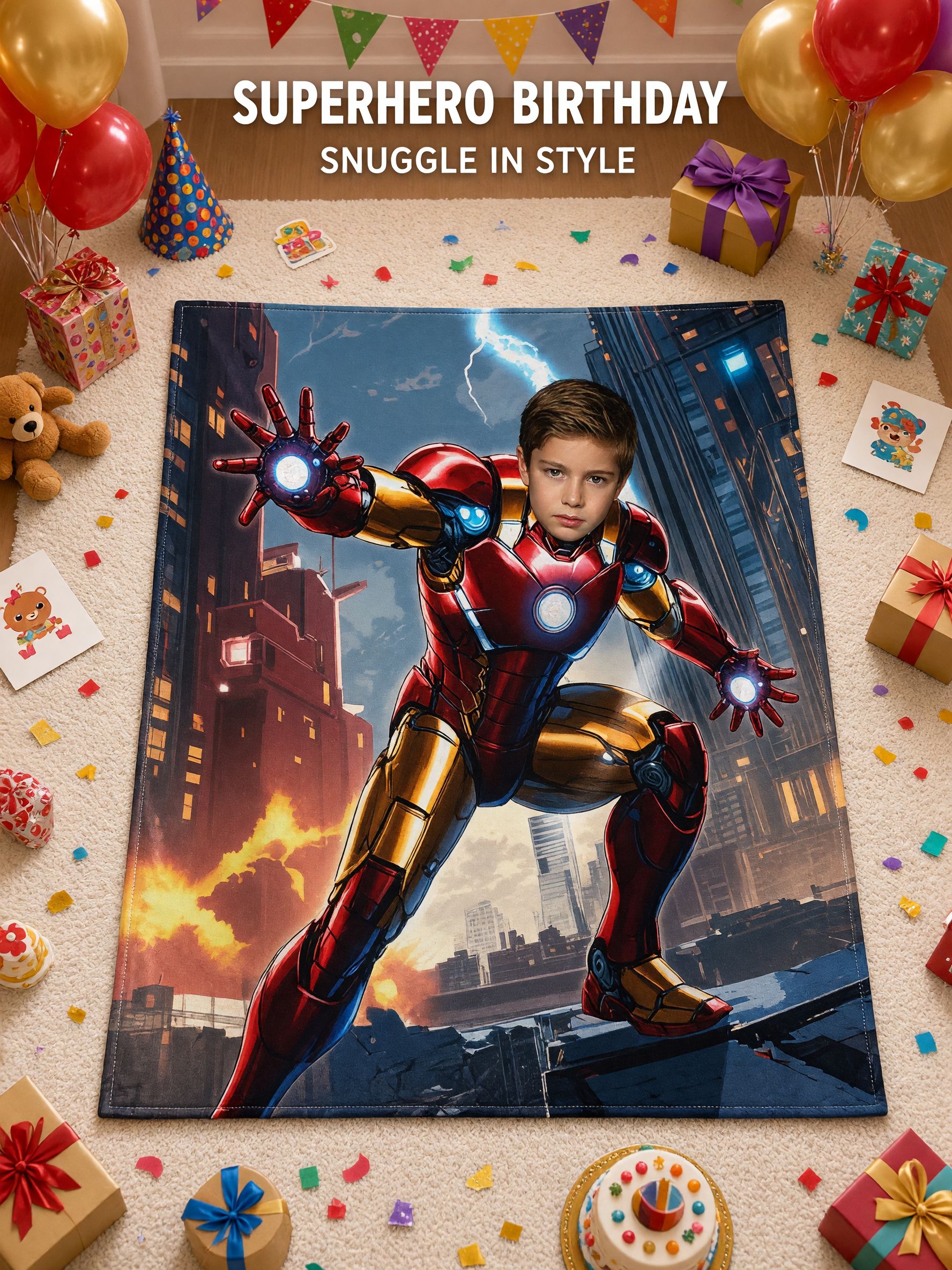 Personalized Superhero Photo Blanket Custom Face Flannel Fleece Throw Soft Warm Bedding Gift for Kids and Teens