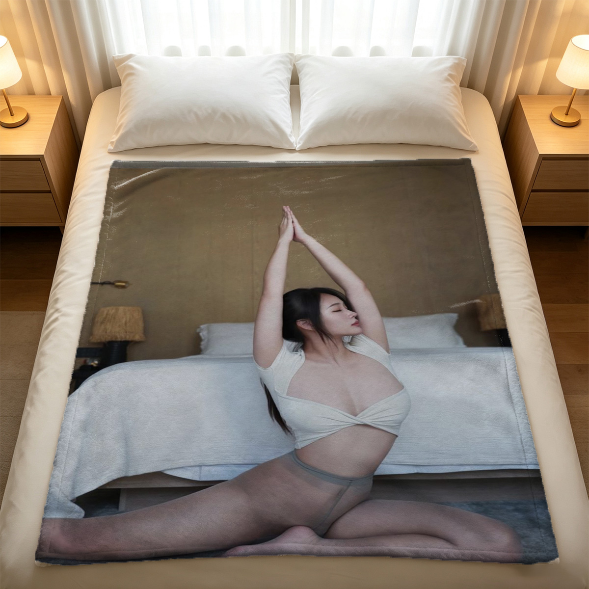 A woman in red lace lingerie and sheer robe posing seductively on a gray couch. - Blanket