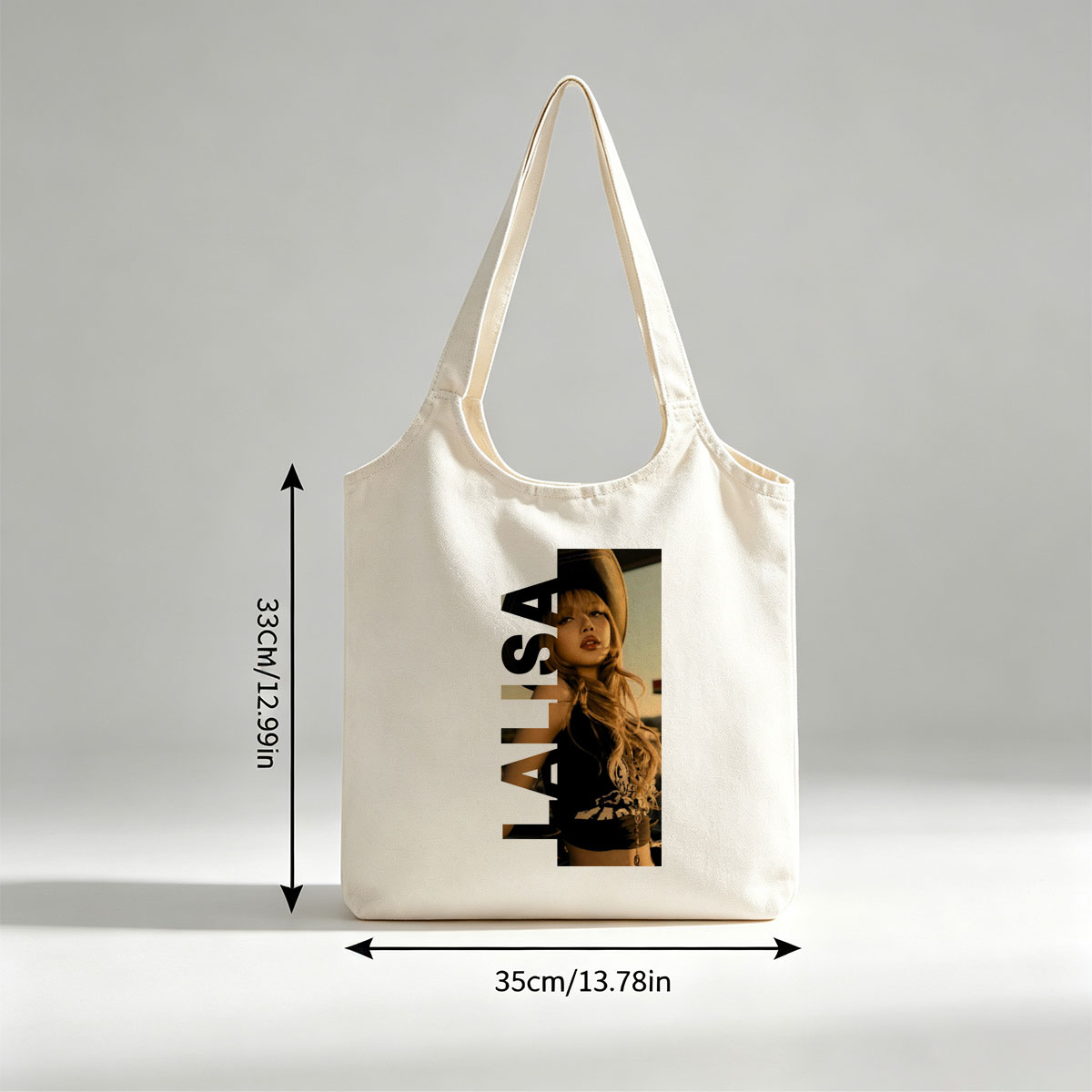 Lisa in a stylish hat and black outfit with bold text overlay - Canvas shoulder bags/