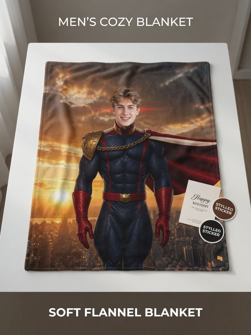 Custom Face Superhero Blanket Personalized Photo Flannel Throw Soft Warm Fleece Bed Couch Blanket Unique Gift for Him