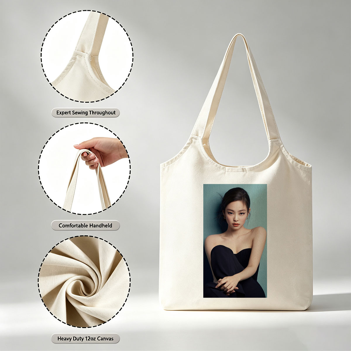 Jennie Kim in Elegant Black Strapless Dress Against Teal Background - Canvas shoulder bags/
