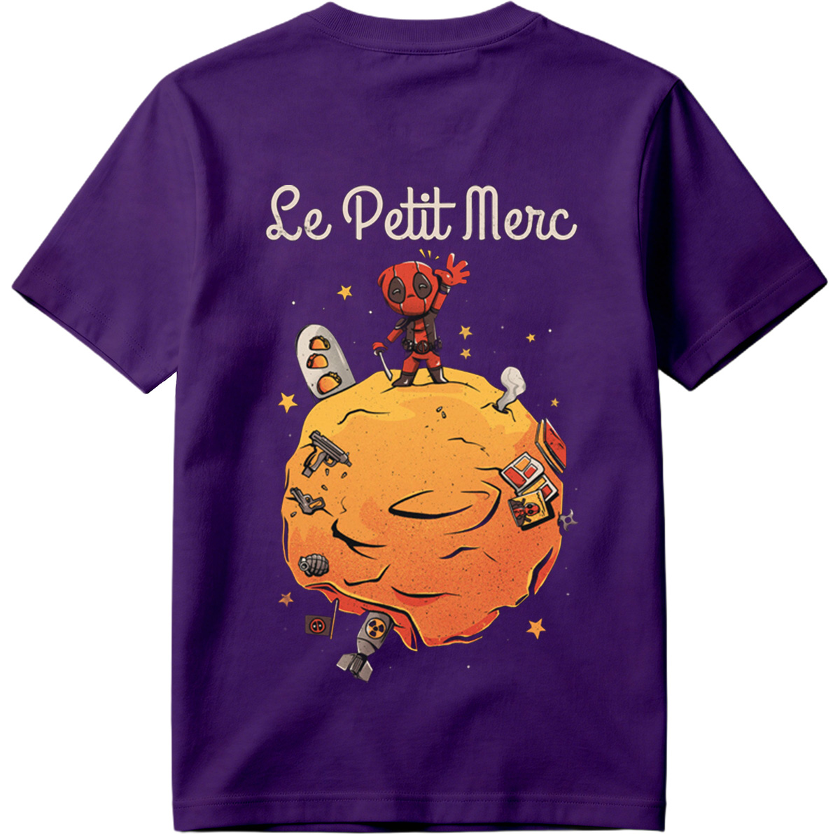 Deadpool on a Planet with Weapons and Space Items - Tee