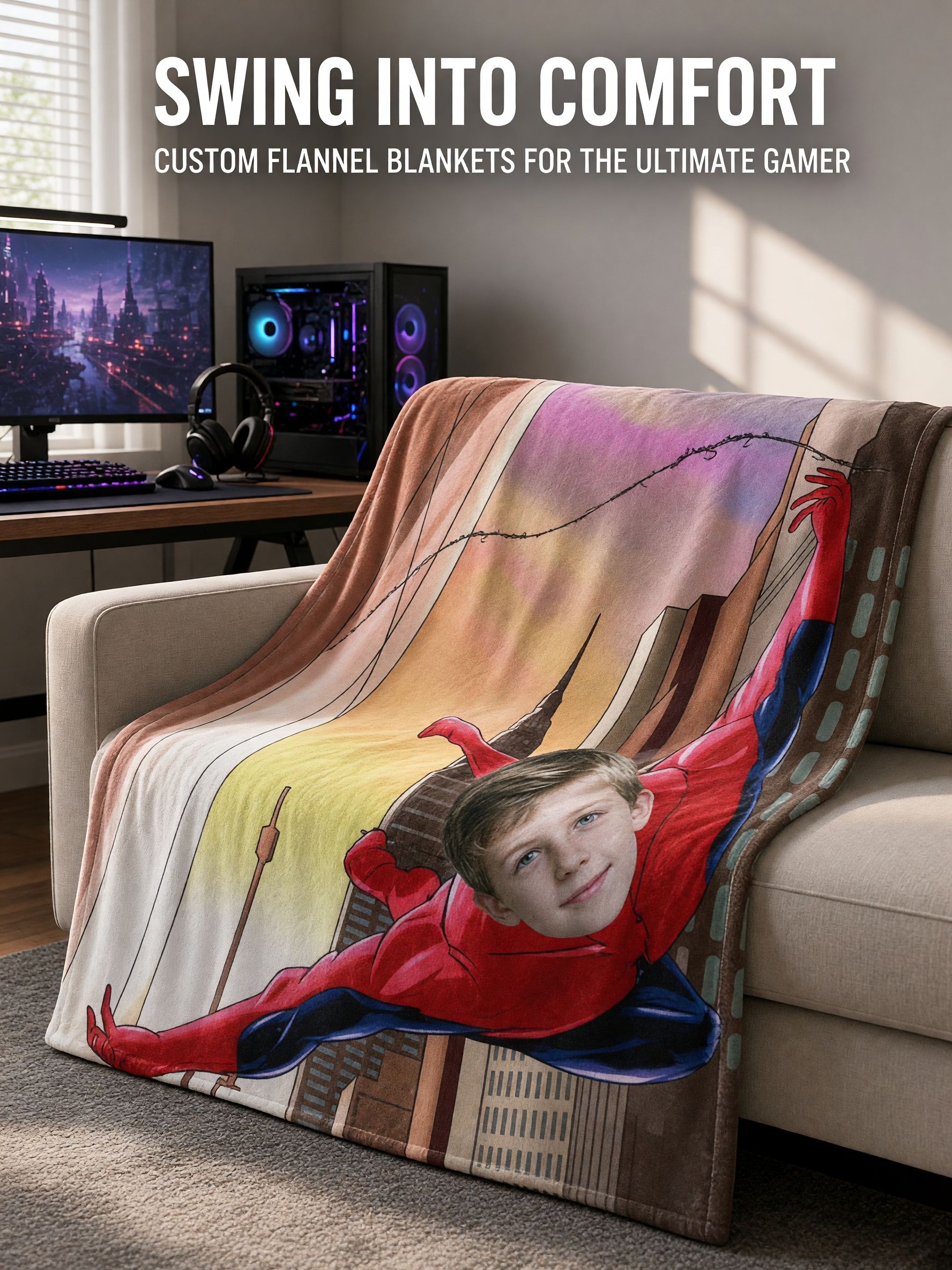 Custom Photo Face Superhero Blanket Personalized Cozy Flannel Fleece Throw for Kids Bedroom and Couch