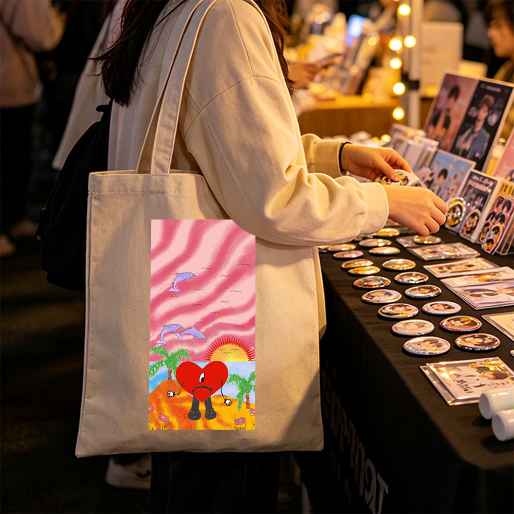 Heart Character on Tropical Beach with Dolphins and Sunset - Canvas tote bags