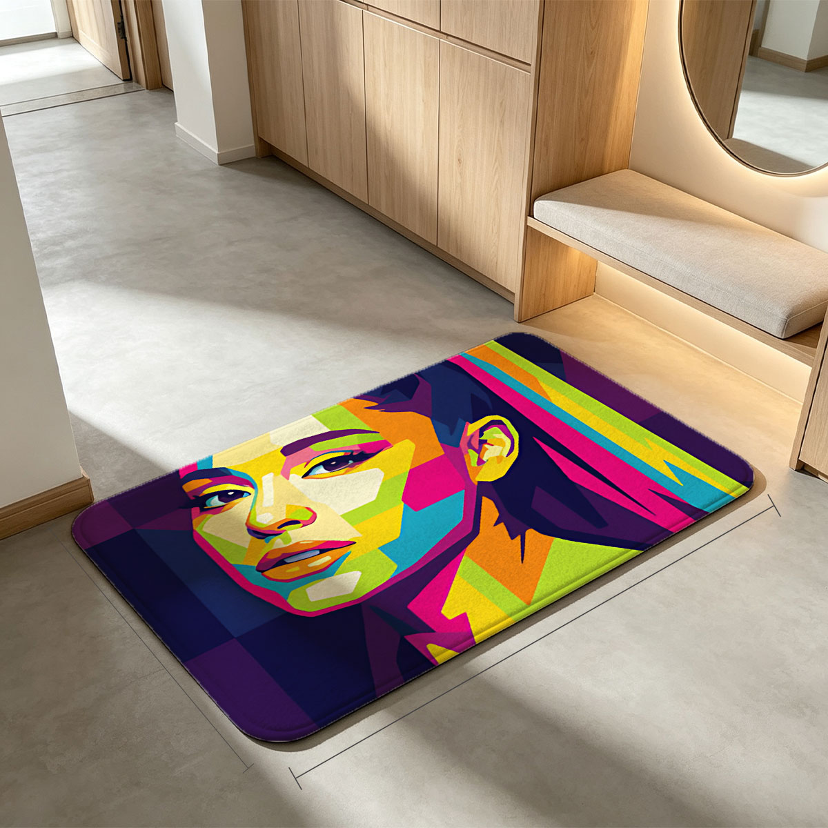 Colorful Pop Art Portrait of a Woman with Vibrant Hair and Geometric Patterns - Flannel floor mat