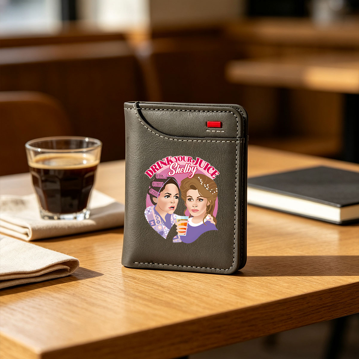 Drink Your Juice Shelby: Two Women with Hair Rolls and a Glass of Juice - Vertical Style Wallet