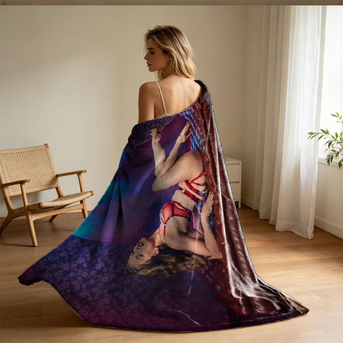 Blonde Woman in Orange Fishnet Dress Sitting on Pool Table with Cue Stick - Blanket