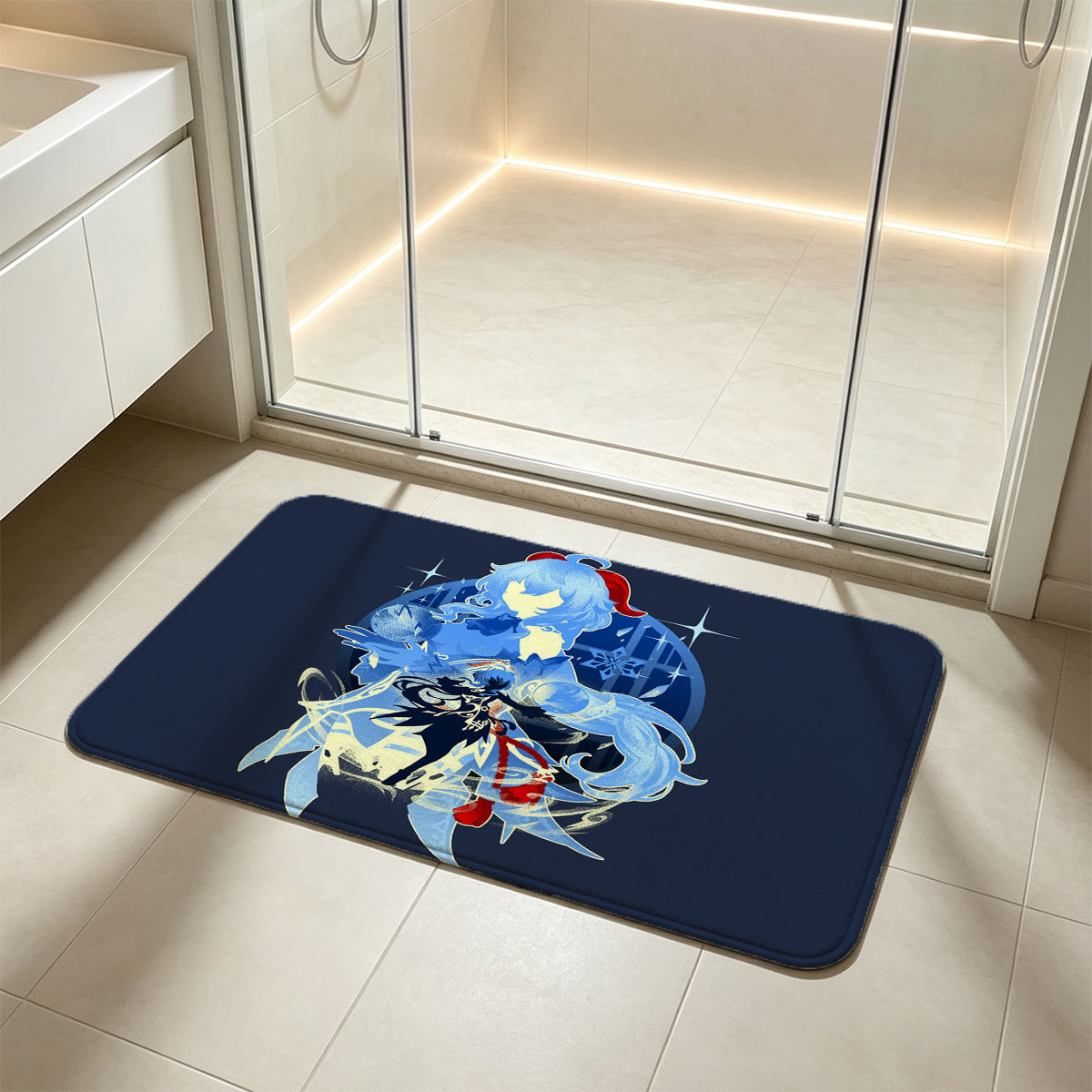 Blue-Haired Mage and Dark Warrior in Ice Magic Battle Scene - Flannel floor mat