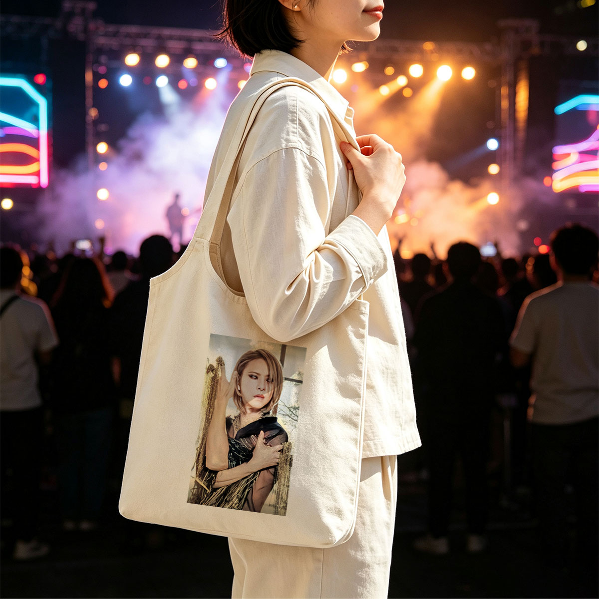 Cher in a Dramatic Pose Wearing a Black and Gold Outfit with Flowing Fabric - Canvas shoulder bags/