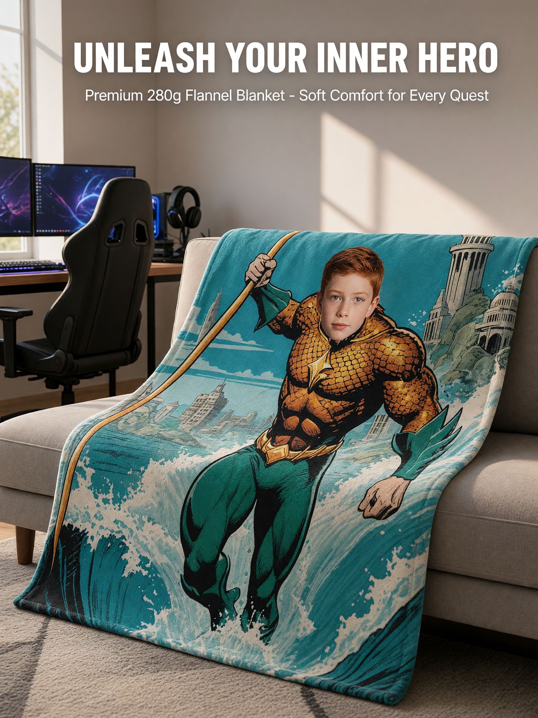 Custom Face Photo Superhero Blanket Personalized Comic Flannel Fleece Throw Ideal Gift for Kids Couch Bed Travel