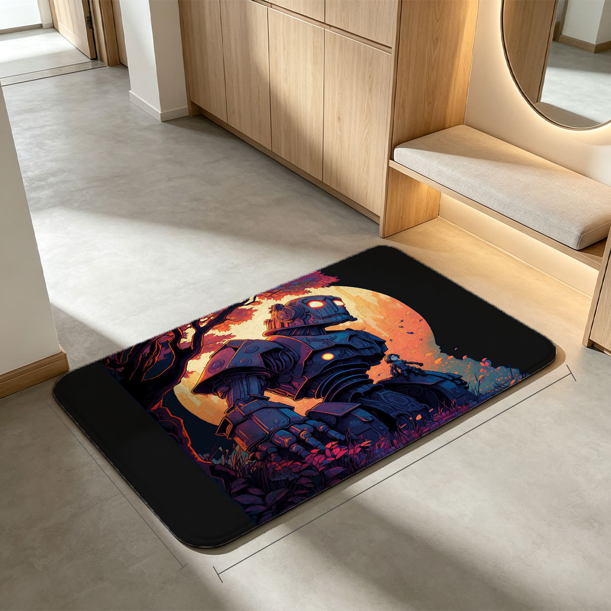 Giant Robot and Child in Autumn Forest at Sunset - Flannel floor mat