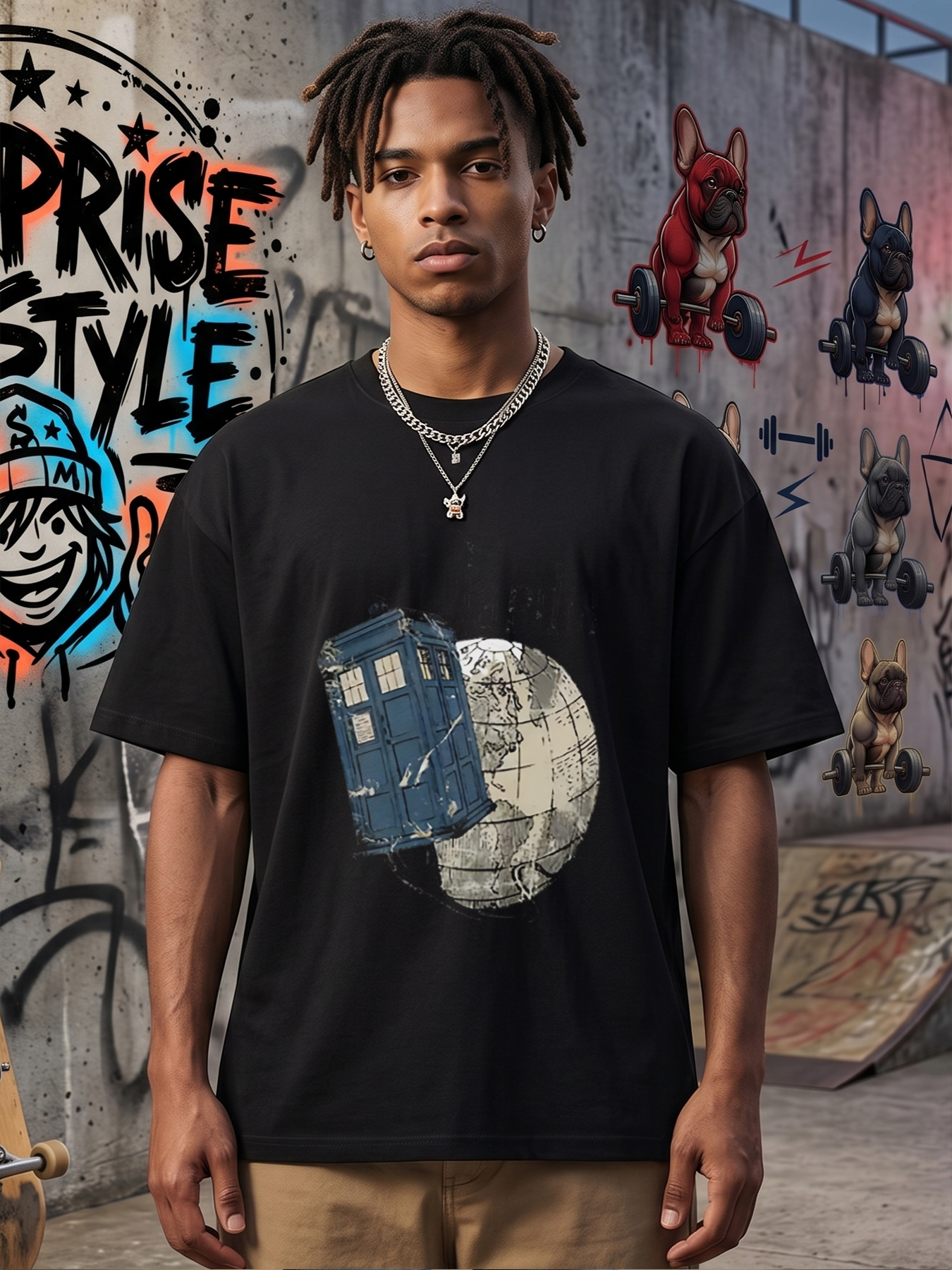 Men's Printed T-Shirt Featuring Police Box and Globe Design, Casual Round Neck Summer Lightweight Breathable Short Sleeve T-Shirt for Sci-Fi Fans and Travel Enthusiasts, Ideal for Daily Wear, Outings, and Themed Events