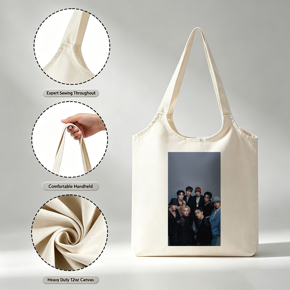 Stray Kids Group Photo - Seven Members in Stylish Outfits Against a Gray Background - Canvas shoulder bags/