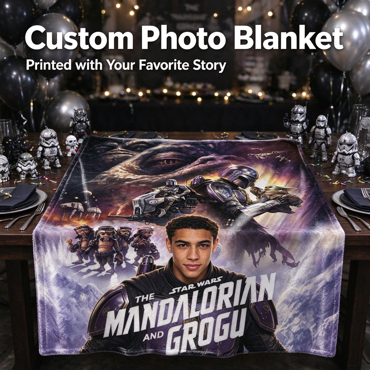 Custom Photo Face Flannel Blanket Personalized Sci-Fi Galaxy Adventure Throw Blanket Anti-Pilling Lightweight