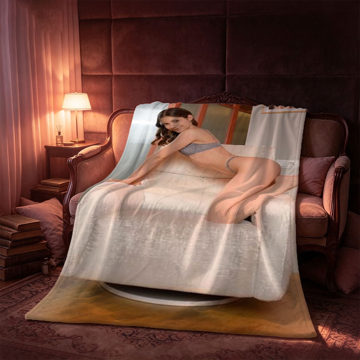 A young Asian woman in a white off-shoulder sweater and white panties, posing seductively indoors. - Blanket