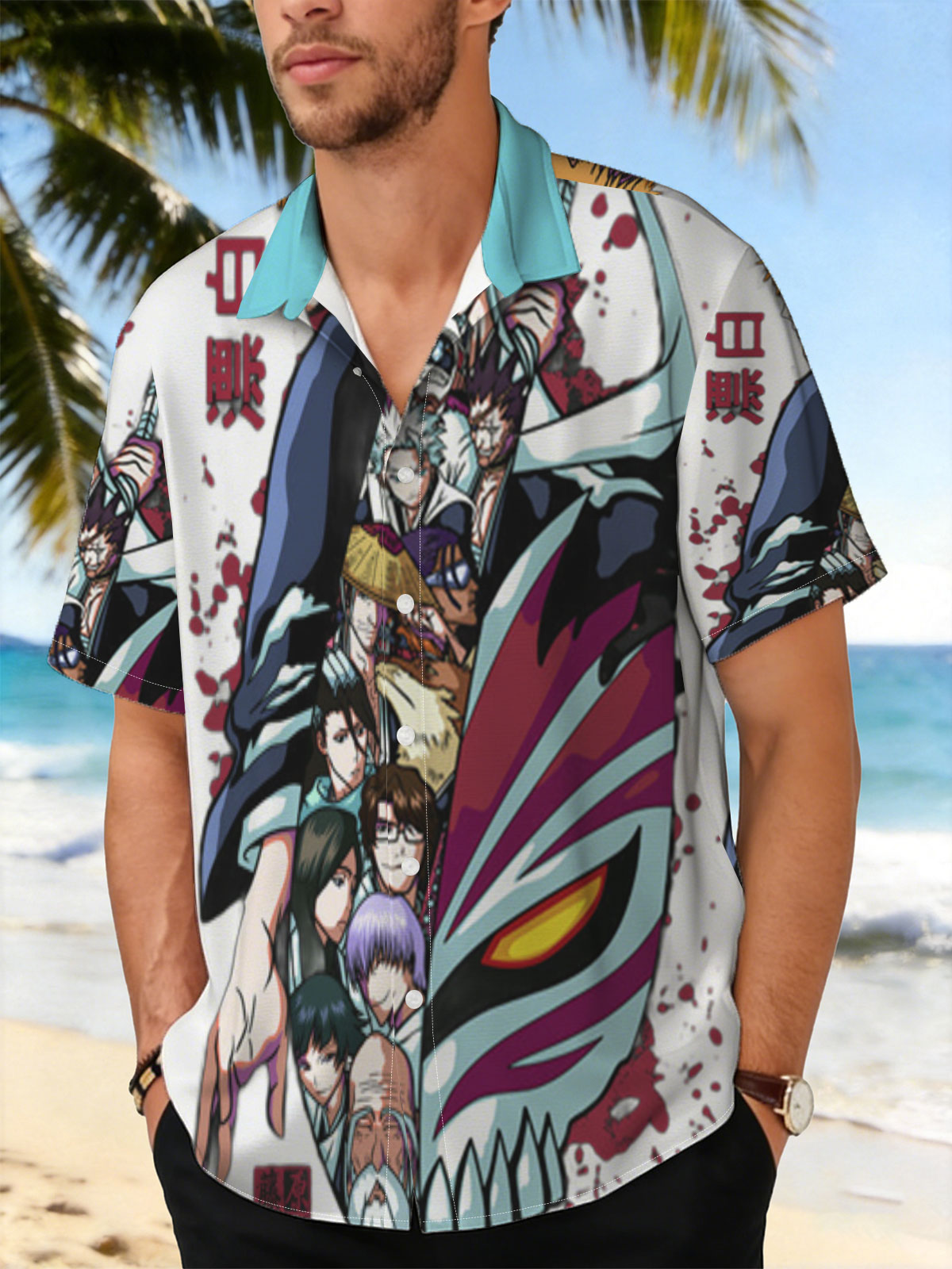 Bleach Characters: Ichigo Kurosaki, Rukia Kuchiki, Renji Abarai, and Others in Action Pose with Zanpakuto and Hollow Mask -  Shirt