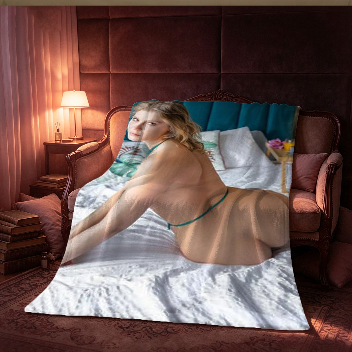 Blonde beauty in gold satin lingerie lifting her slip in the kitchen. - Blanket