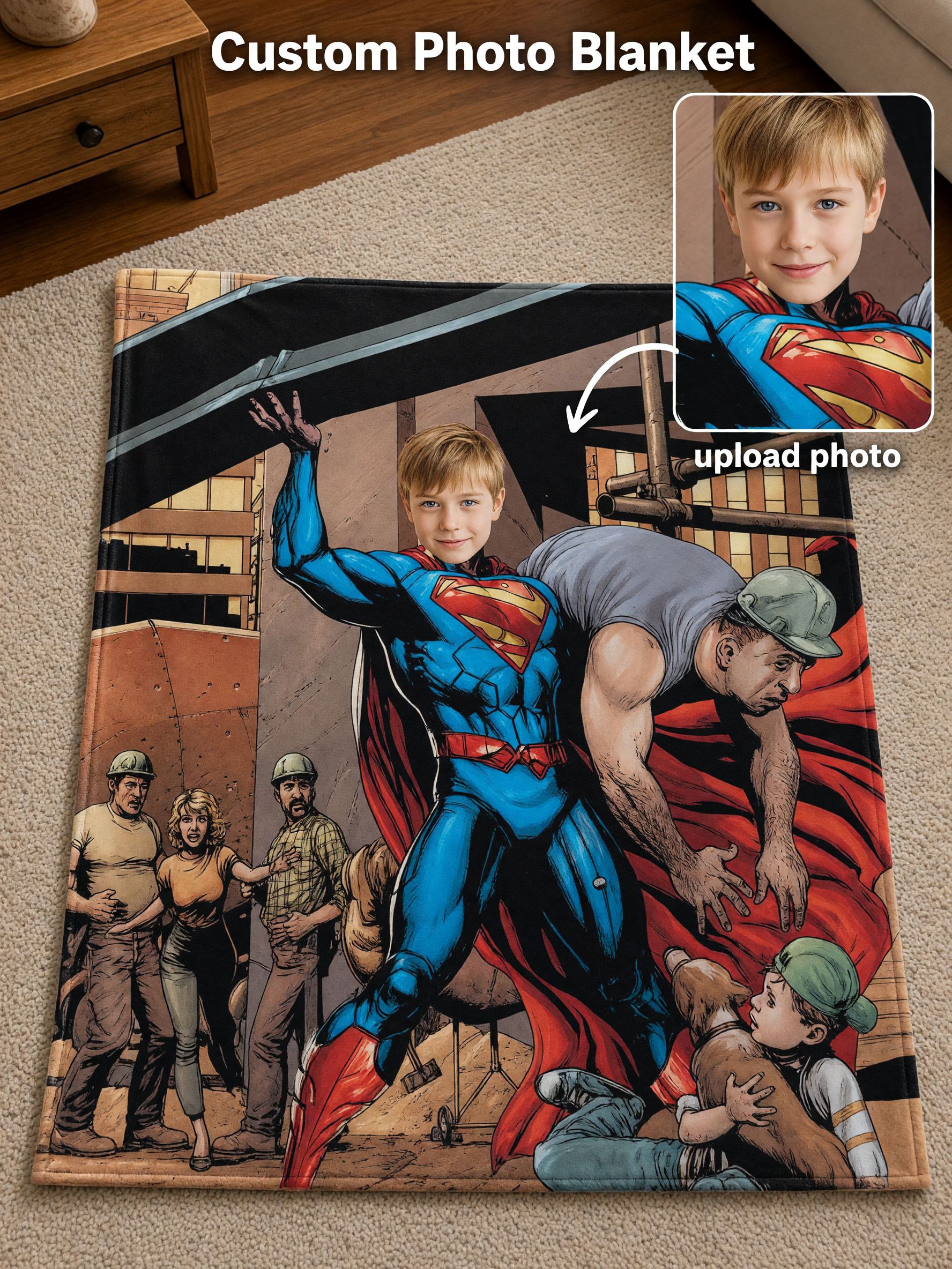 Custom Photo Superhero Flannel Blanket Personalized Face Throw Skin Friendly Anti Pilling Cozy Warm Bed Sofa Wrap Gift