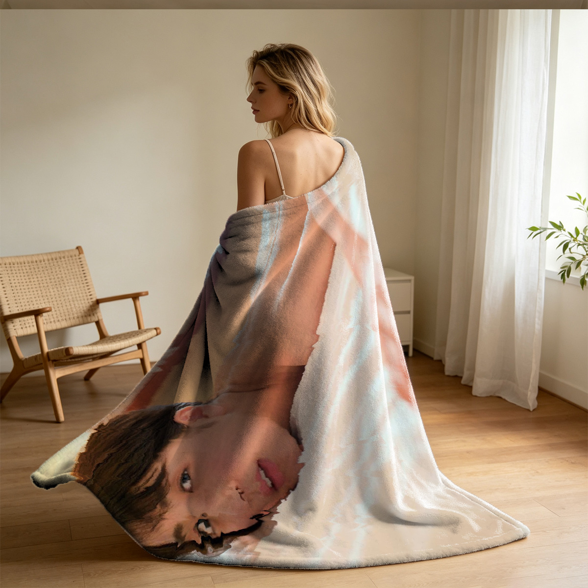 Nude Blonde Sitting on Wooden Table - Blanket