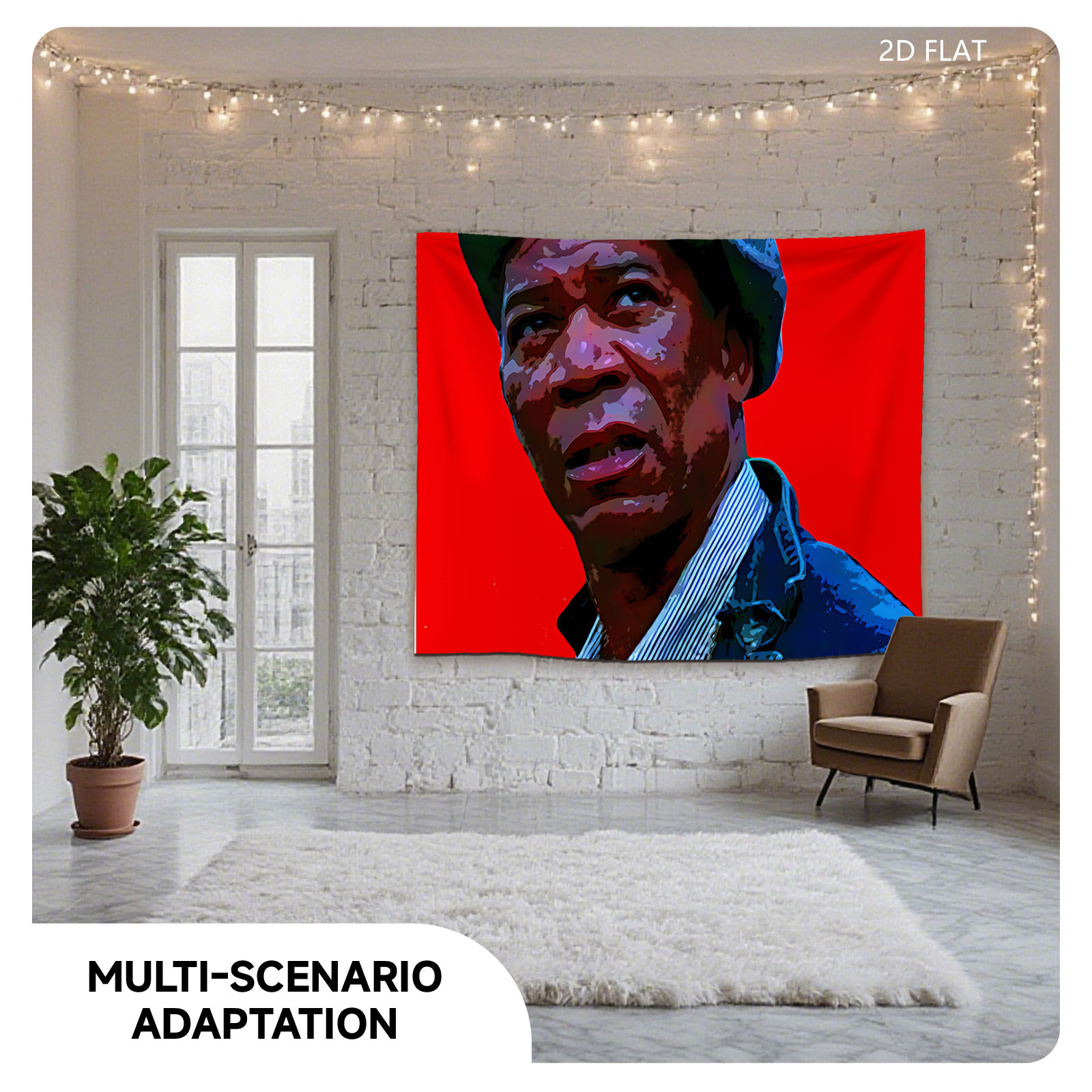 Morgan Freeman in a blue cap and jacket against a red background - Tapestry