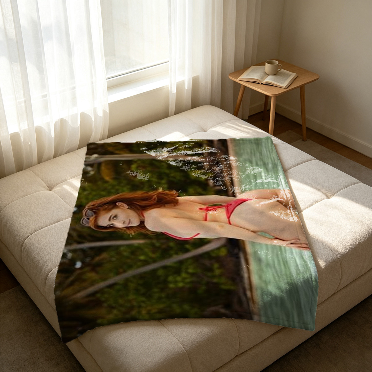 A seductive Asian beauty in white lace lingerie and pearl necklace posing on a luxury bed. - Blanket