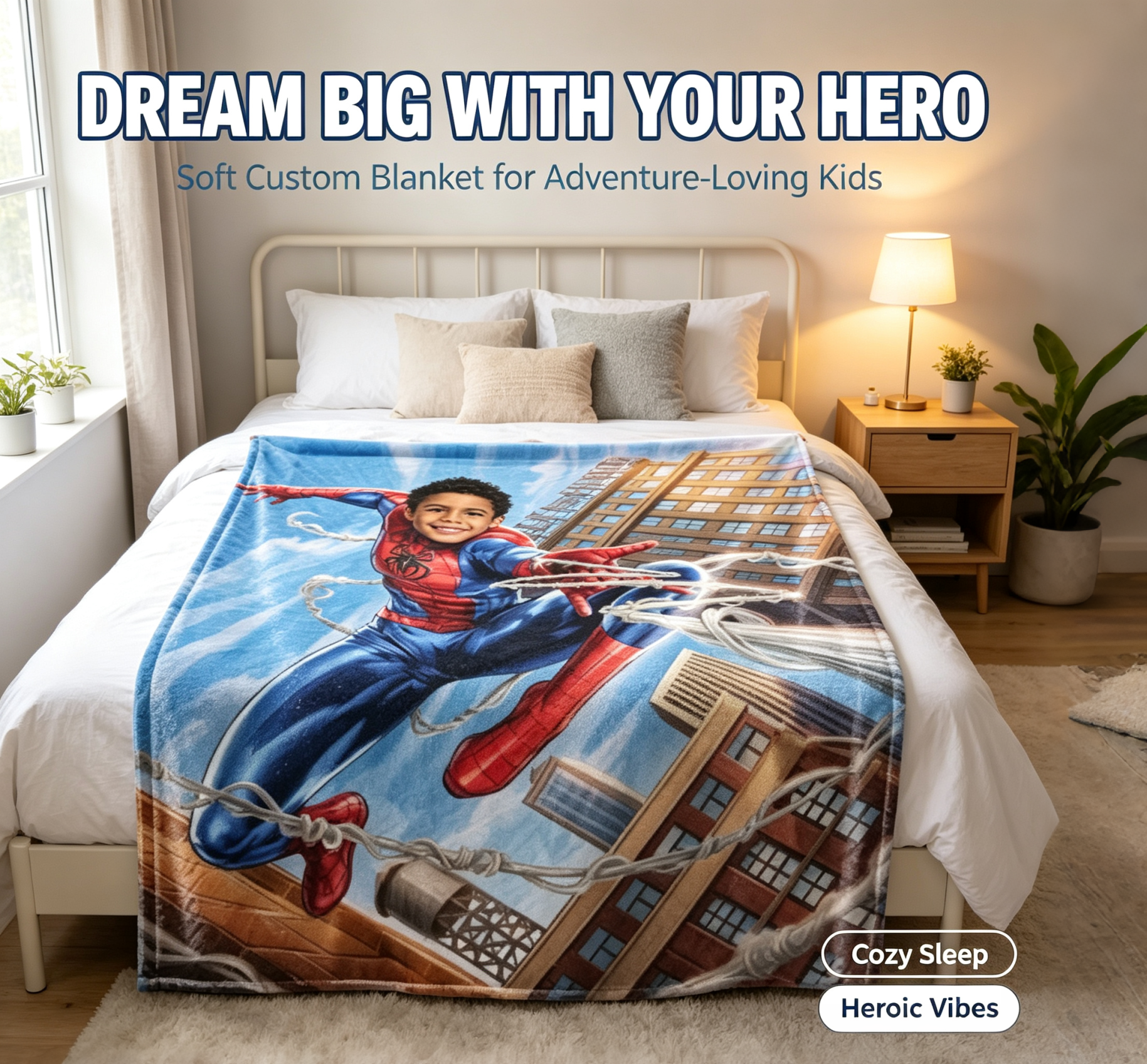 Custom Photo Spider‑Man Blanket for Kids, Personalized Superhero Throw Blanket, Soft Warm Flannel Blanket, Customized Hero Themed Gift for Boys Birthday Christmas