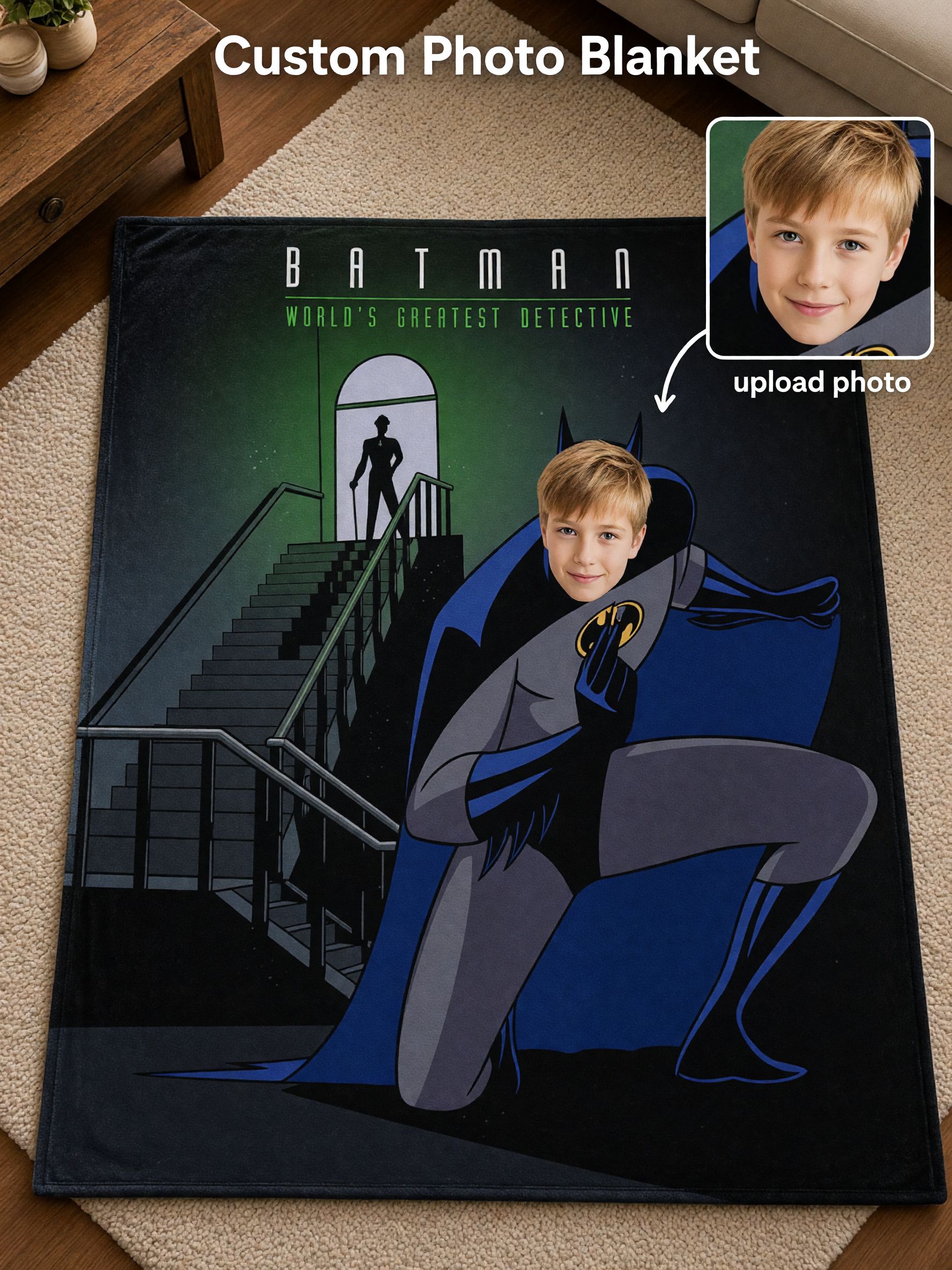 Custom Photo Face Superhero Detective Throw Blanket Personalized Ultra Soft Flannel Fleece Bed Couch Keepsake Gift