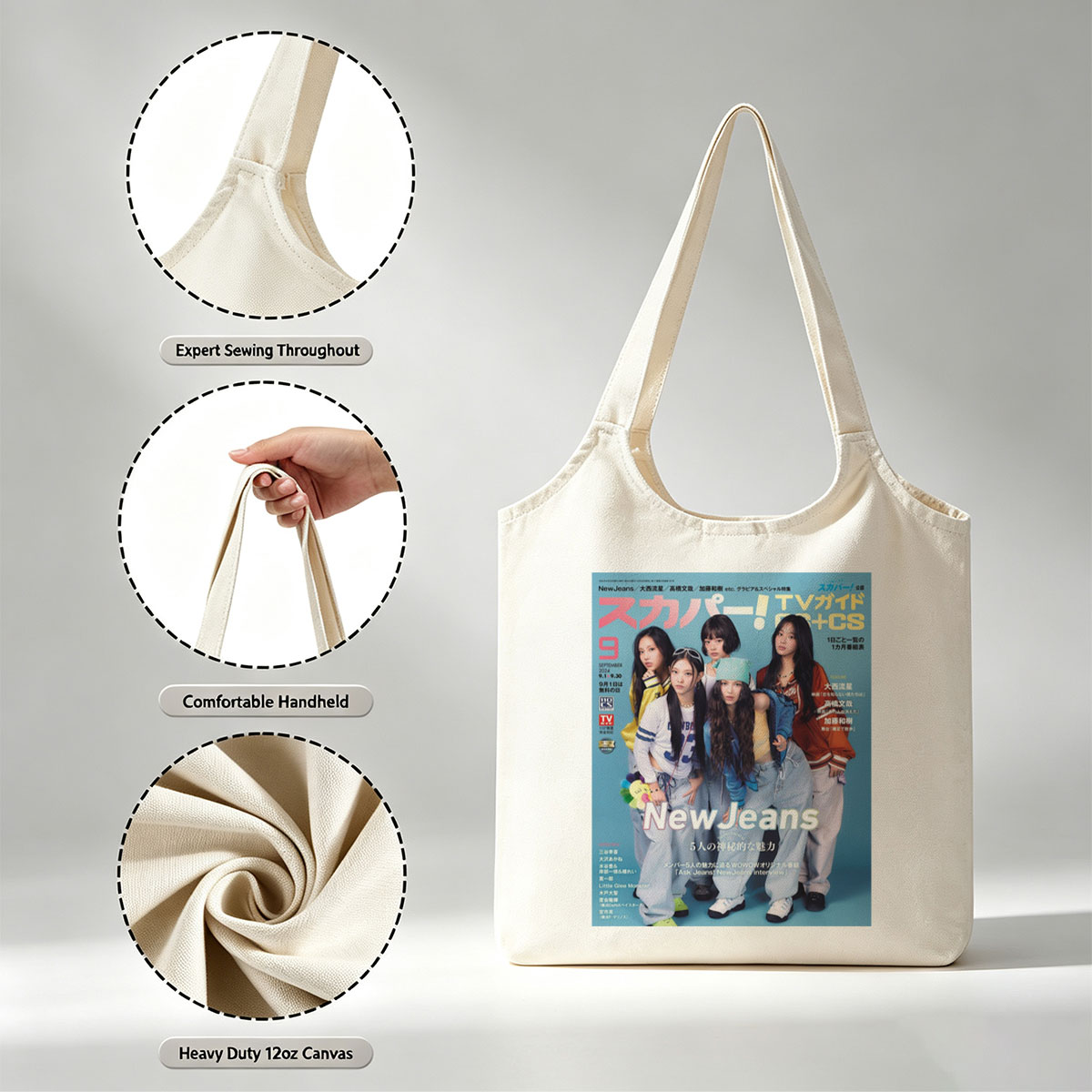 NewJeans on TV Guide Cover Featuring Five Members in Casual Outfits with Blue Background - Canvas shoulder bags/