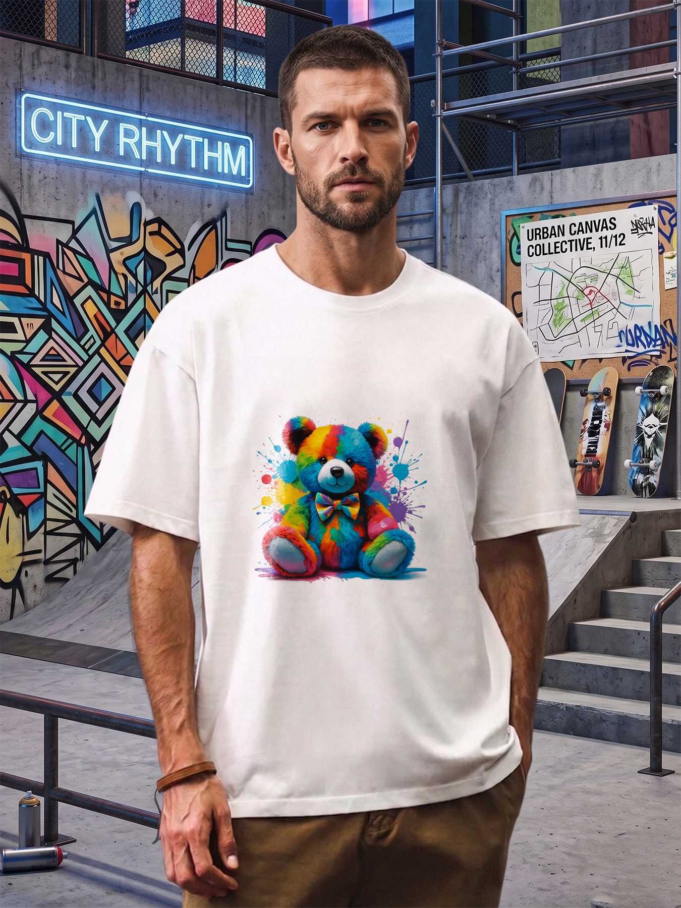 Men's Printed T-Shirt Rainbow Bear with Colorful Paint Splatter Design Casual Round Neck Summer Lightweight Breathable Short Sleeve T-Shirt for Everyday Wear, Outdoor Activities, and Gift Ideas for Adults Who Love Fun Artistic Styles