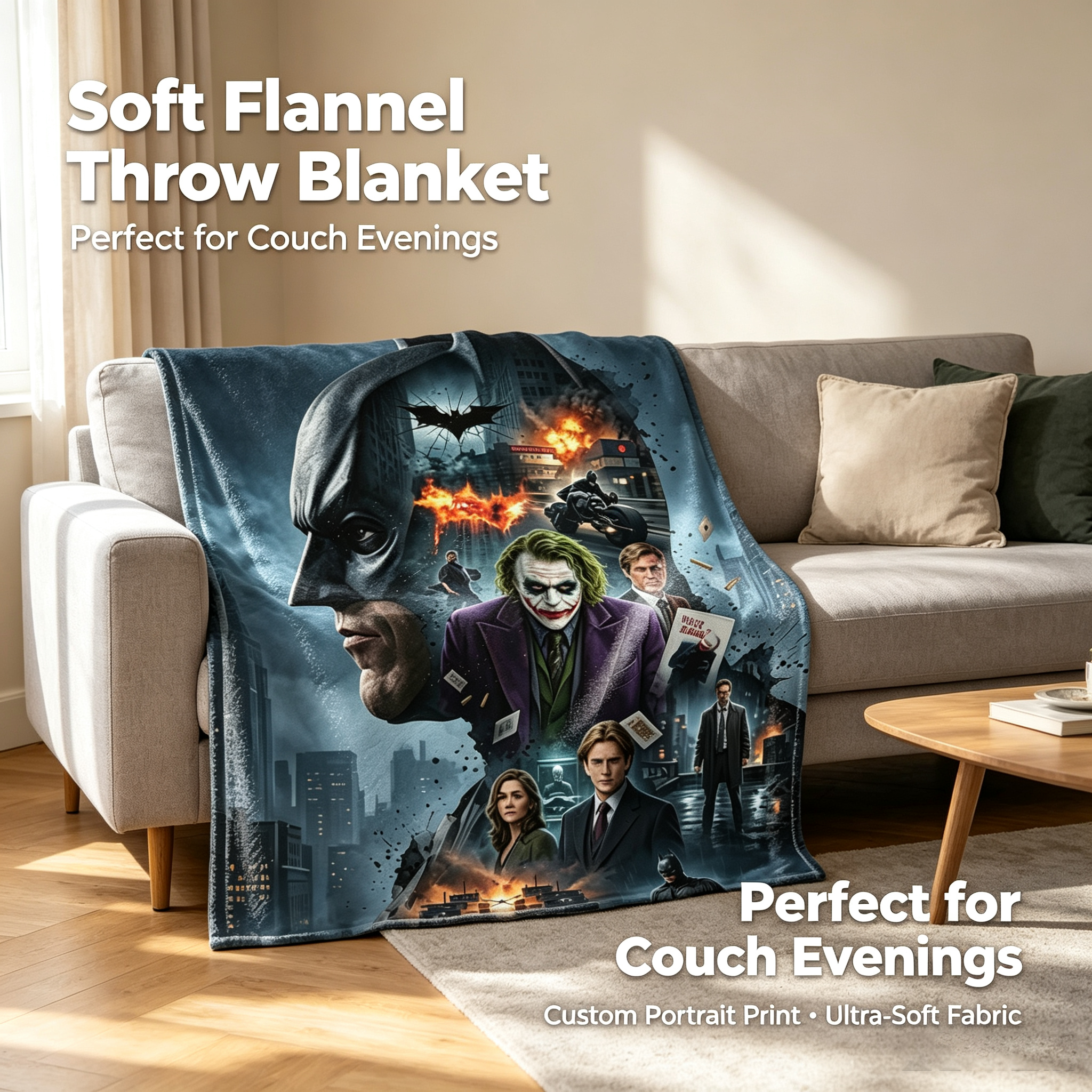 Custom Face Blanket Batman The Dark Knight Joker Flannel Blanket Movie Poster Design Cozy Bedding Gift for Fans and Collectors