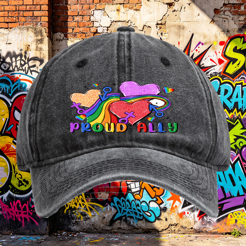 Unisex Classic Washed Cap with Rainbow Hearts and 