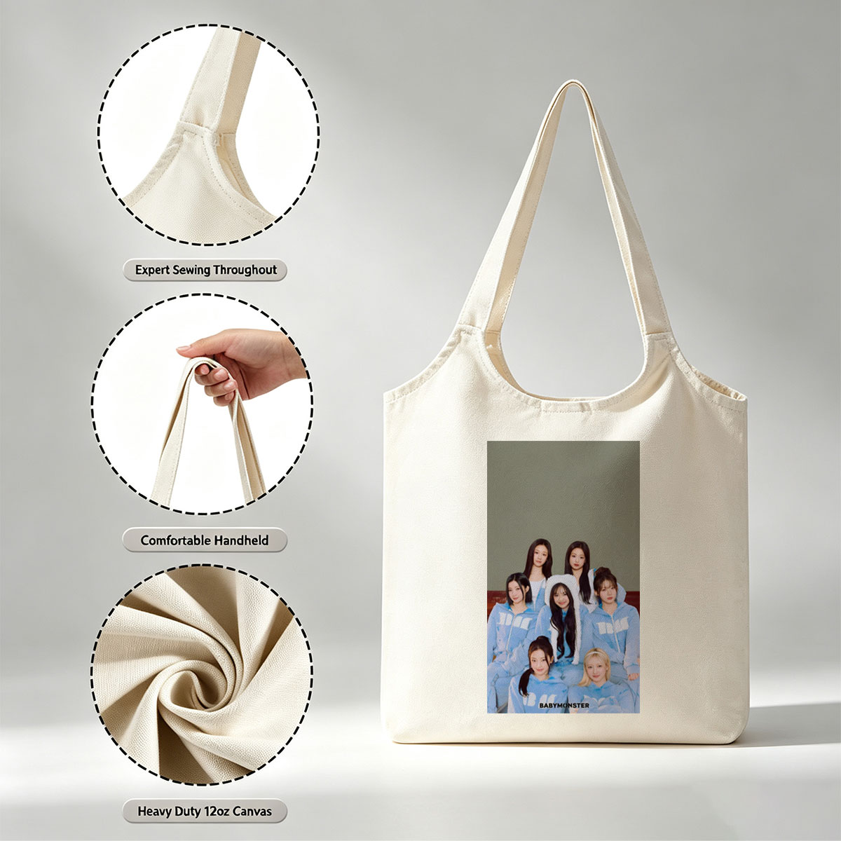 BABYMONSTER Group Photo in Matching Blue Outfits with Furry Hoodies and Minimalist Background - Canvas shoulder bags/
