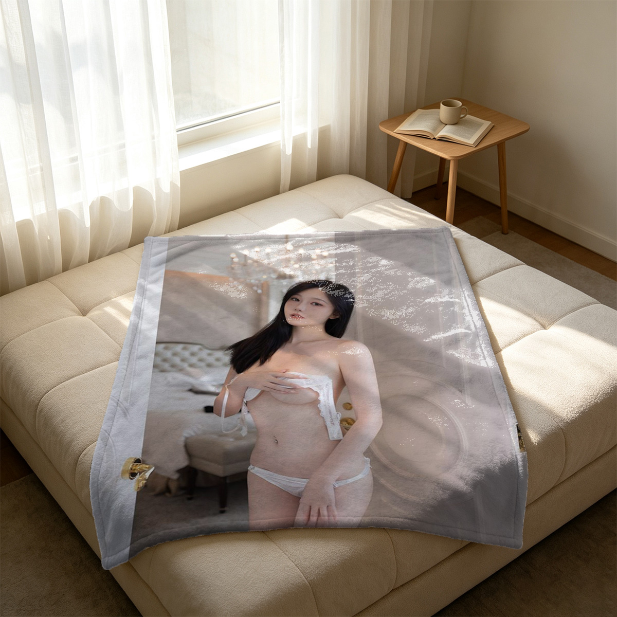 Blonde in School Tie and Lingerie Seduced on Bed by Another Woman - Blanket