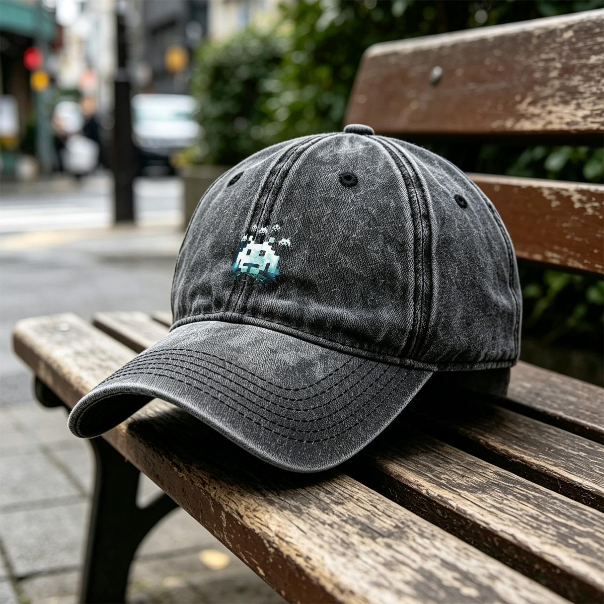 Space Invaders: Classic Aliens in Pixel Art - Washed Denim - Baseball Cap