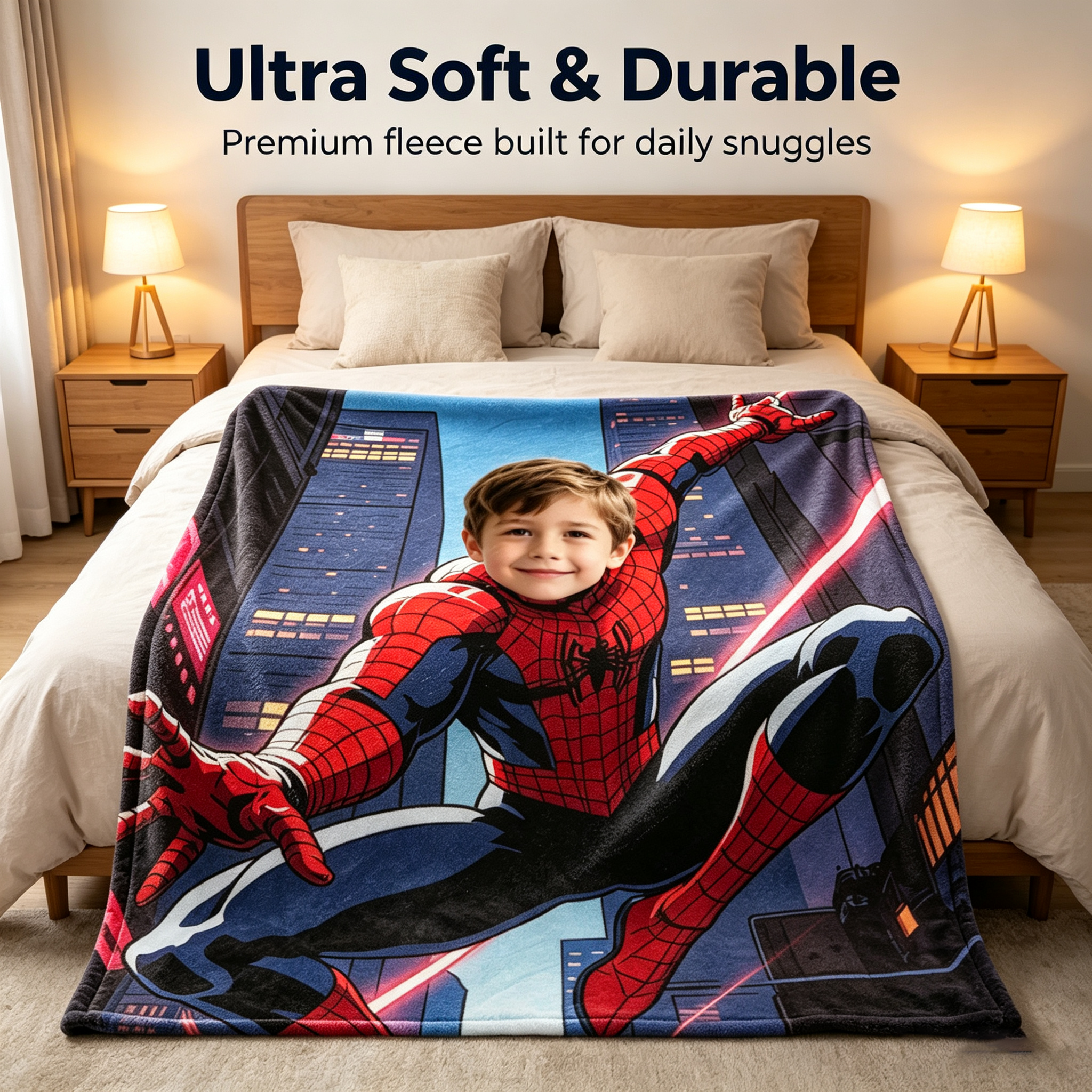 Personalized Custom Spider‑Man Photo Blanket, Upload Your Kid Photo, Superhero Custom Fleece Throw Blanket, Birthday Gift for Boys, 280g Soft Cozy Blanket for Bed Sofa