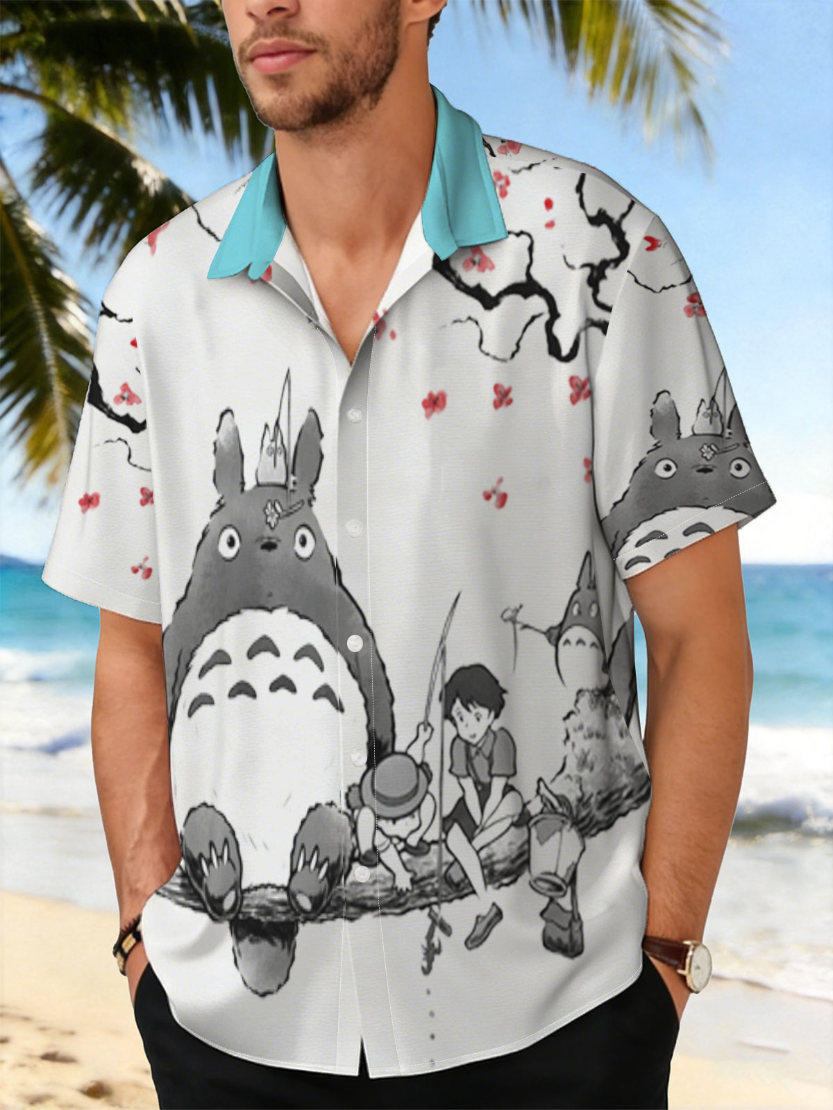 Totoro, Mei, and Satsuki Fishing Under Cherry Blossoms -  Shirt