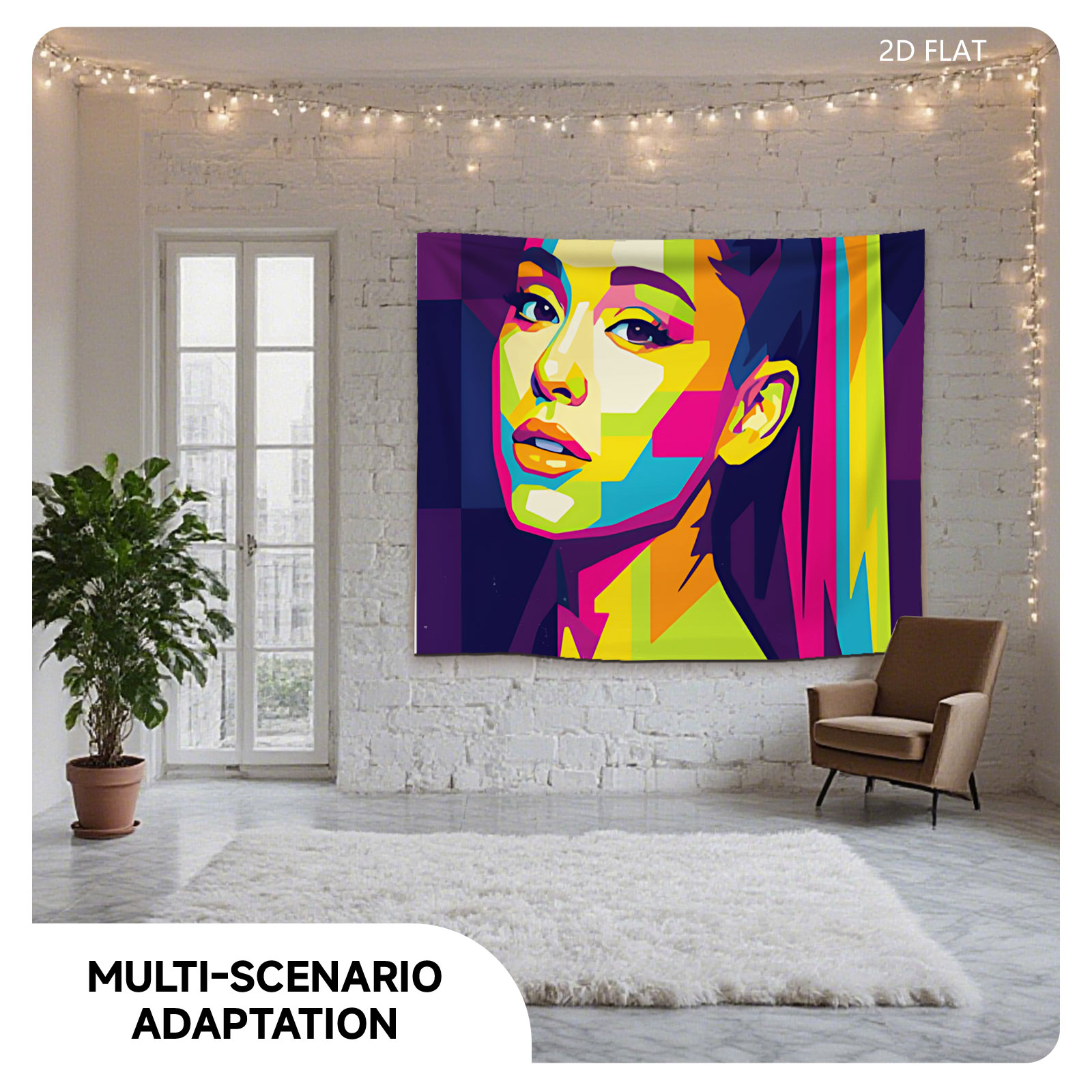 Colorful Pop Art Portrait of a Woman with Vibrant Hair and Geometric Patterns - Tapestry