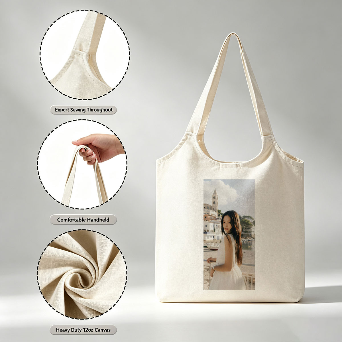 Jennie Kim in a White Dress by the Seaside with a Church Tower in the Background - Canvas shoulder bags/