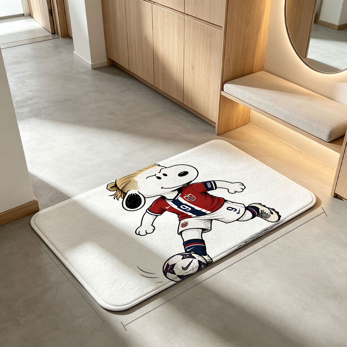 Snoopy as Norway Soccer Player, Wearing #9 Jersey, Kicking Ball - Flannel floor mat