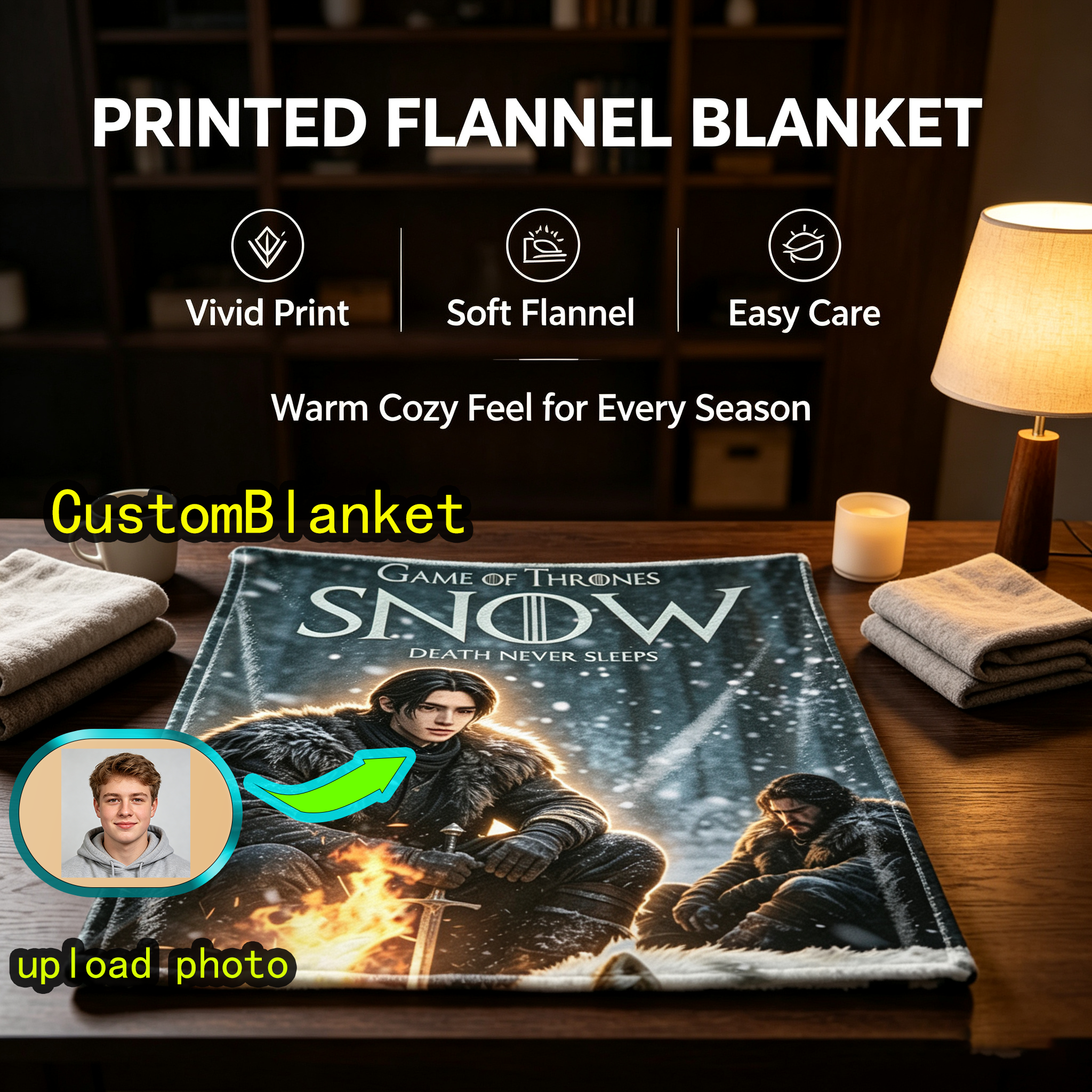 Custom Face Blanket Game of Thrones Snow Flannel Blanket Winter Campfire Scene Gift for Fans