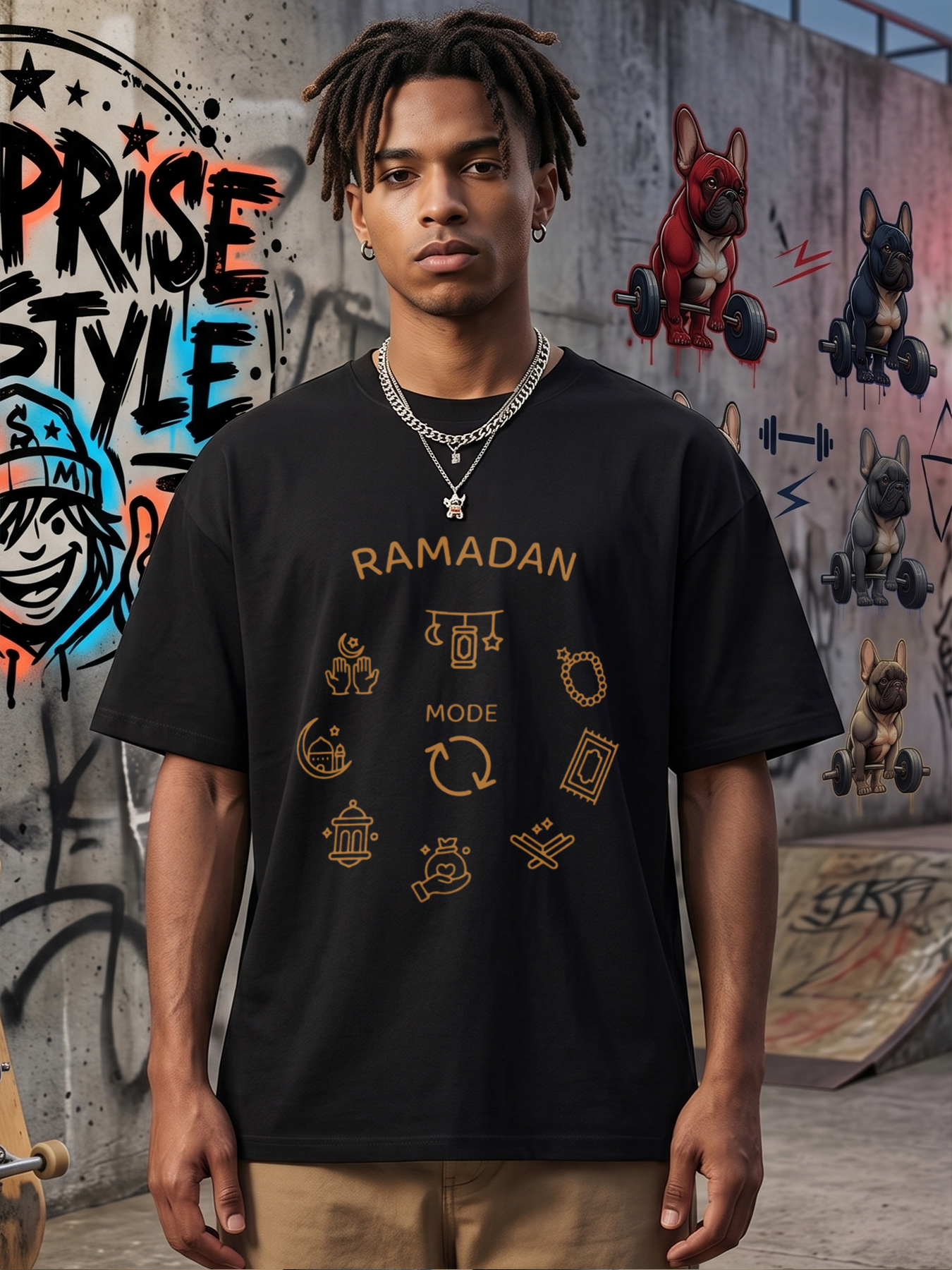 Men's Ramadan Mode Print T-Shirt with Islamic Symbols and Text - Casual Round Neck Summer Lightweight Breathable Short Sleeve Tee for Religious Celebration, Daily Wear, Muslim Men and Faithful Adults