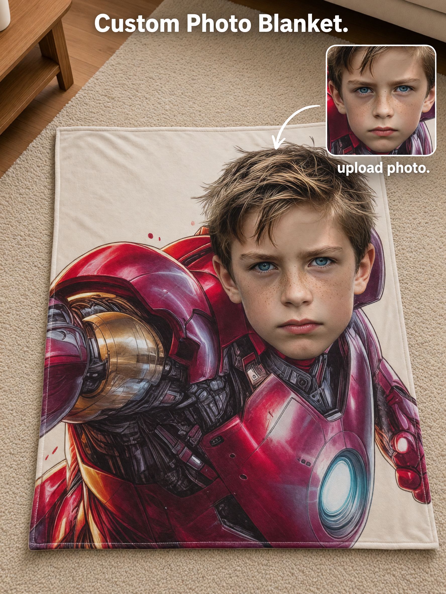 Personalized Face Superhero Flannel Blanket, Custom Photo Soft Warm Plush Throw Bedding Decor for Kids and Adults
