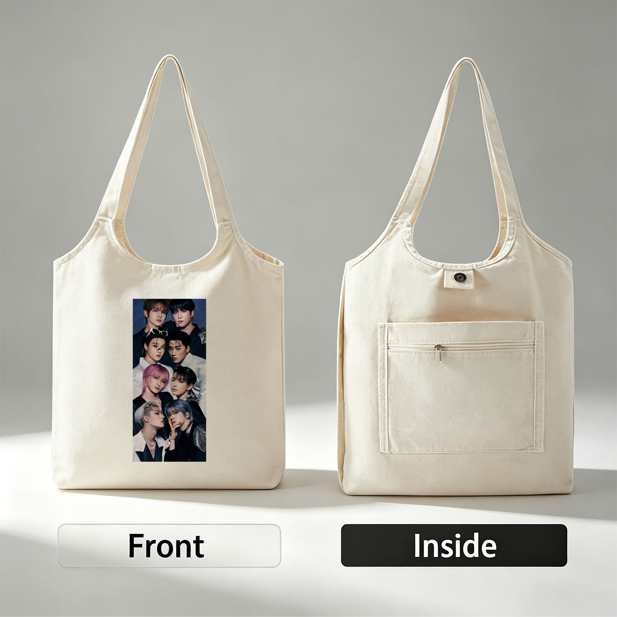 Stray Kids Group Portrait in Stylish Black and White Outfits with Bold Hair Colors and Fashion Accessories - Canvas shoulder bags/