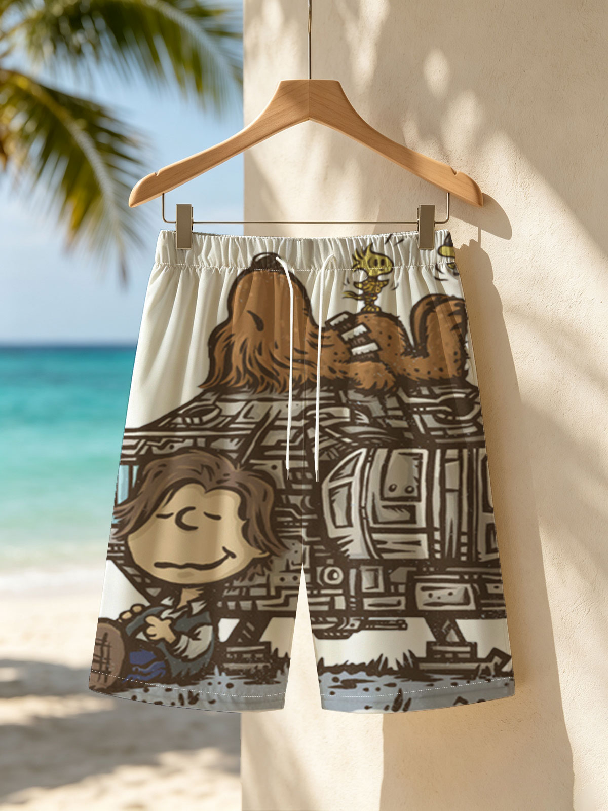 Luke Skywalker, Chewbacca, and C-3PO on a Millennium Falcon Cartoon -  Beach shorts