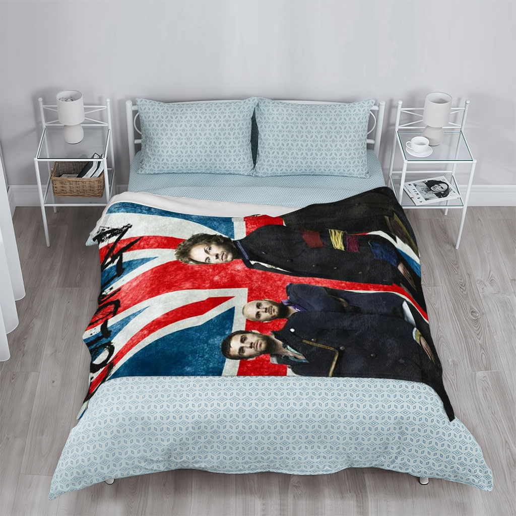 Coldplay Band Members Standing in Front of a British Flag Background - Blankets