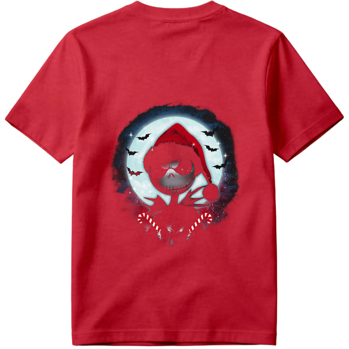 Jack Skellington in Santa Hat with Candy Canes Against Moonlit Sky - Tee