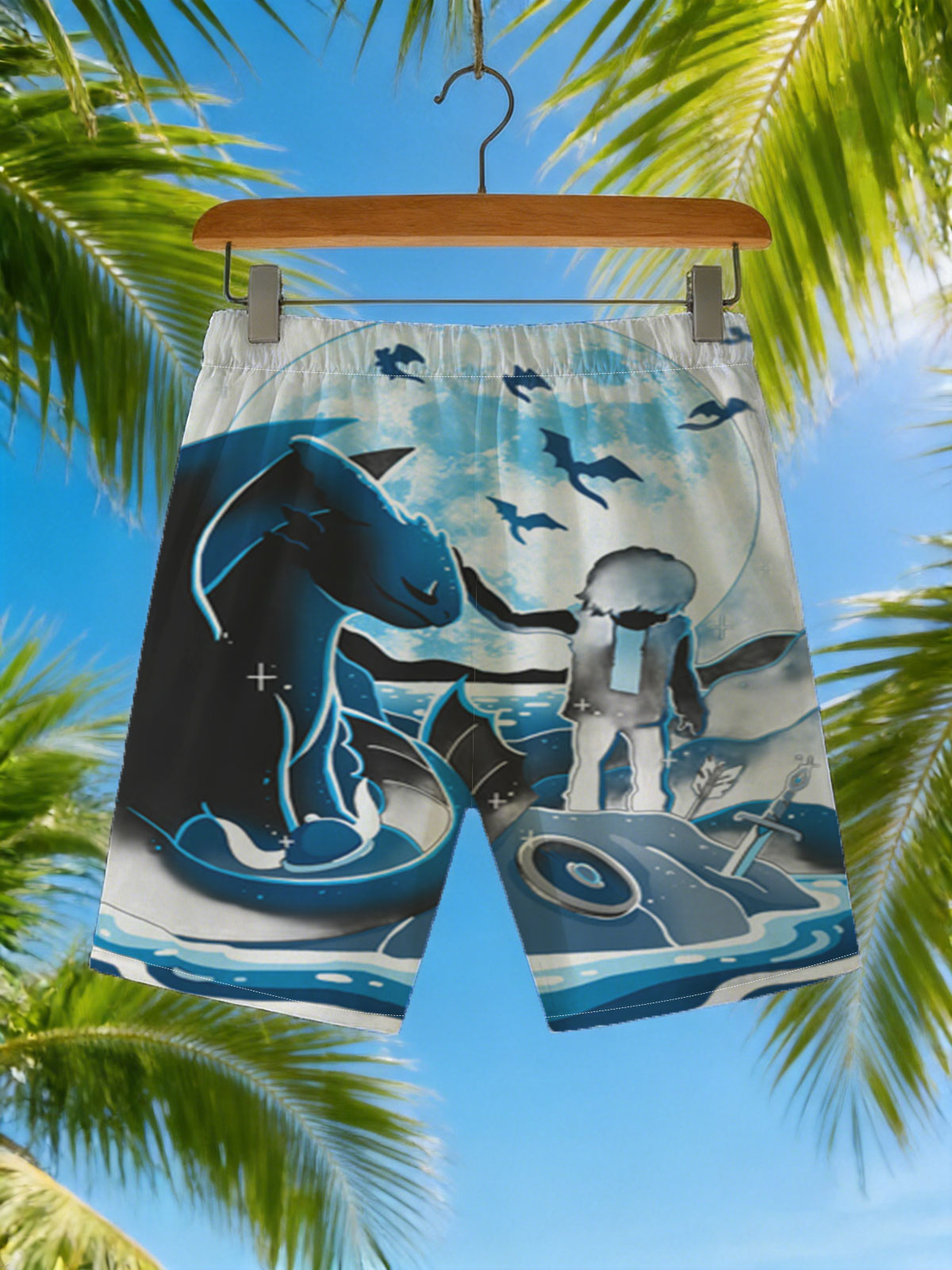 Boy and Dragon Under Moonlight -  Beach shorts