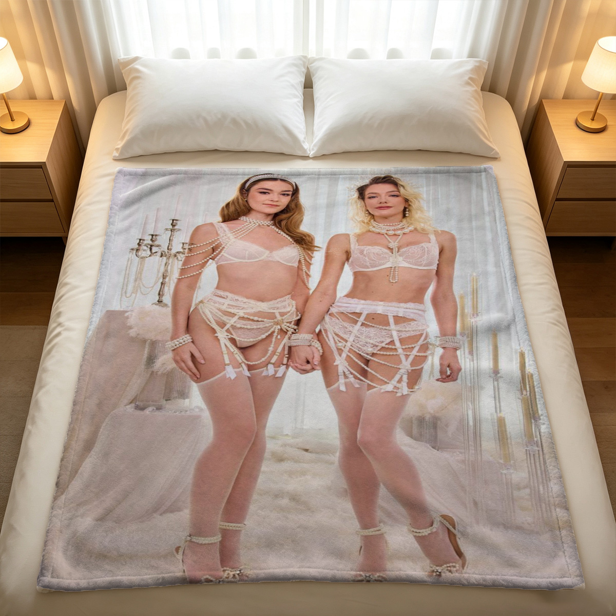 White Lingerie Tease with Pearl Necklace - Blanket